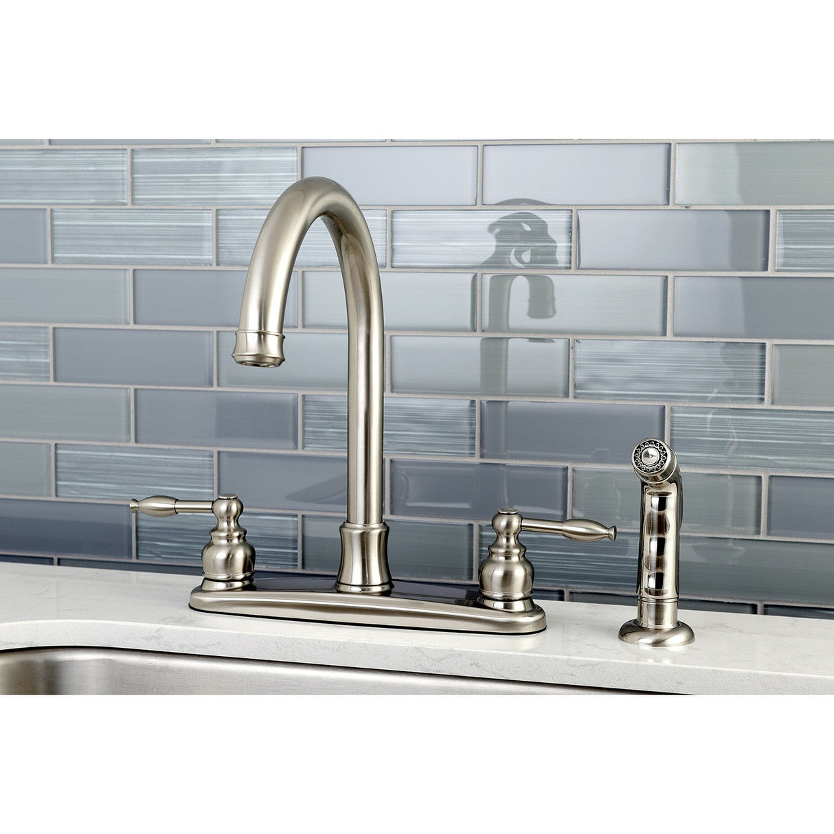 Knight FB7798KLSP Two-Handle 4-Hole Deck Mount 8" Centerset Kitchen Faucet with Side Sprayer, Brushed Nickel