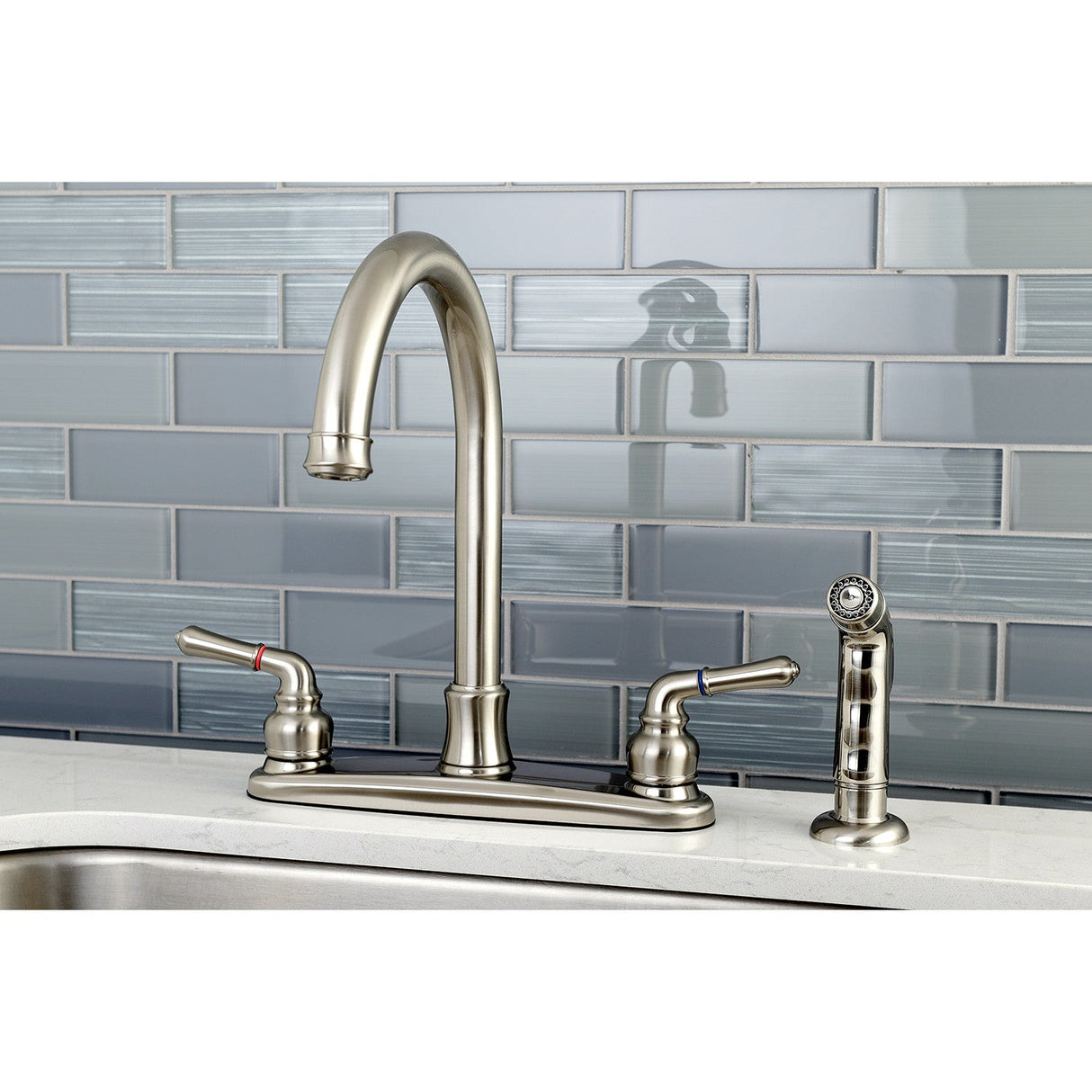 Naples FB7798NMLSP Two-Handle 4-Hole Deck Mount 8" Centerset Kitchen Faucet with Side Sprayer, Brushed Nickel