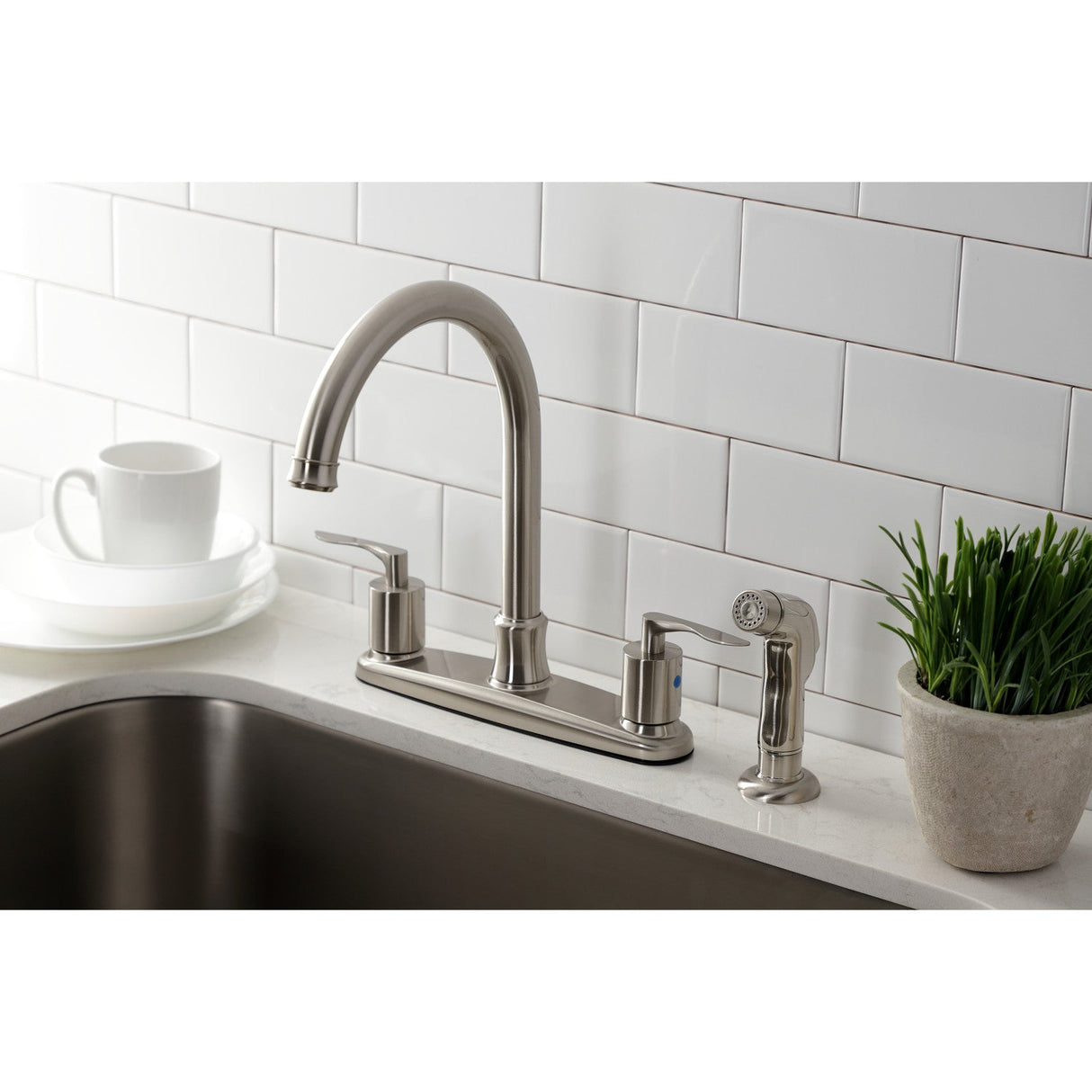 Serena FB7798SVLSP Two-Handle 4-Hole Deck Mount 8" Centerset Kitchen Faucet with Side Sprayer, Brushed Nickel