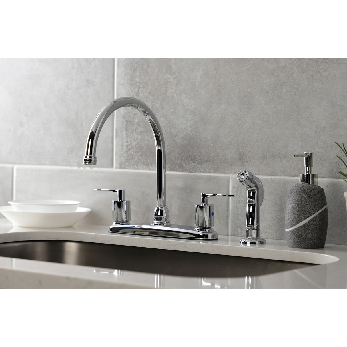 Serena FB791SVLSP Two-Handle 4-Hole Deck Mount 8" Centerset Kitchen Faucet with Side Sprayer, Polished Chrome