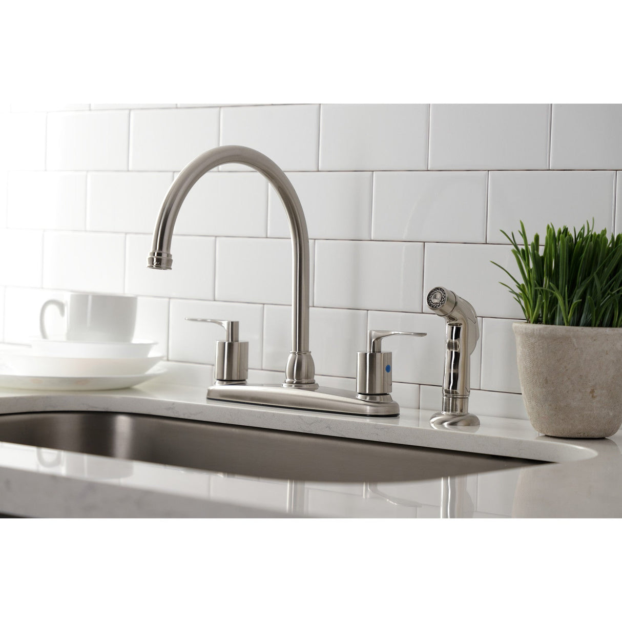 Serena FB798SVLSP Two-Handle 4-Hole Deck Mount 8" Centerset Kitchen Faucet with Side Sprayer, Brushed Nickel