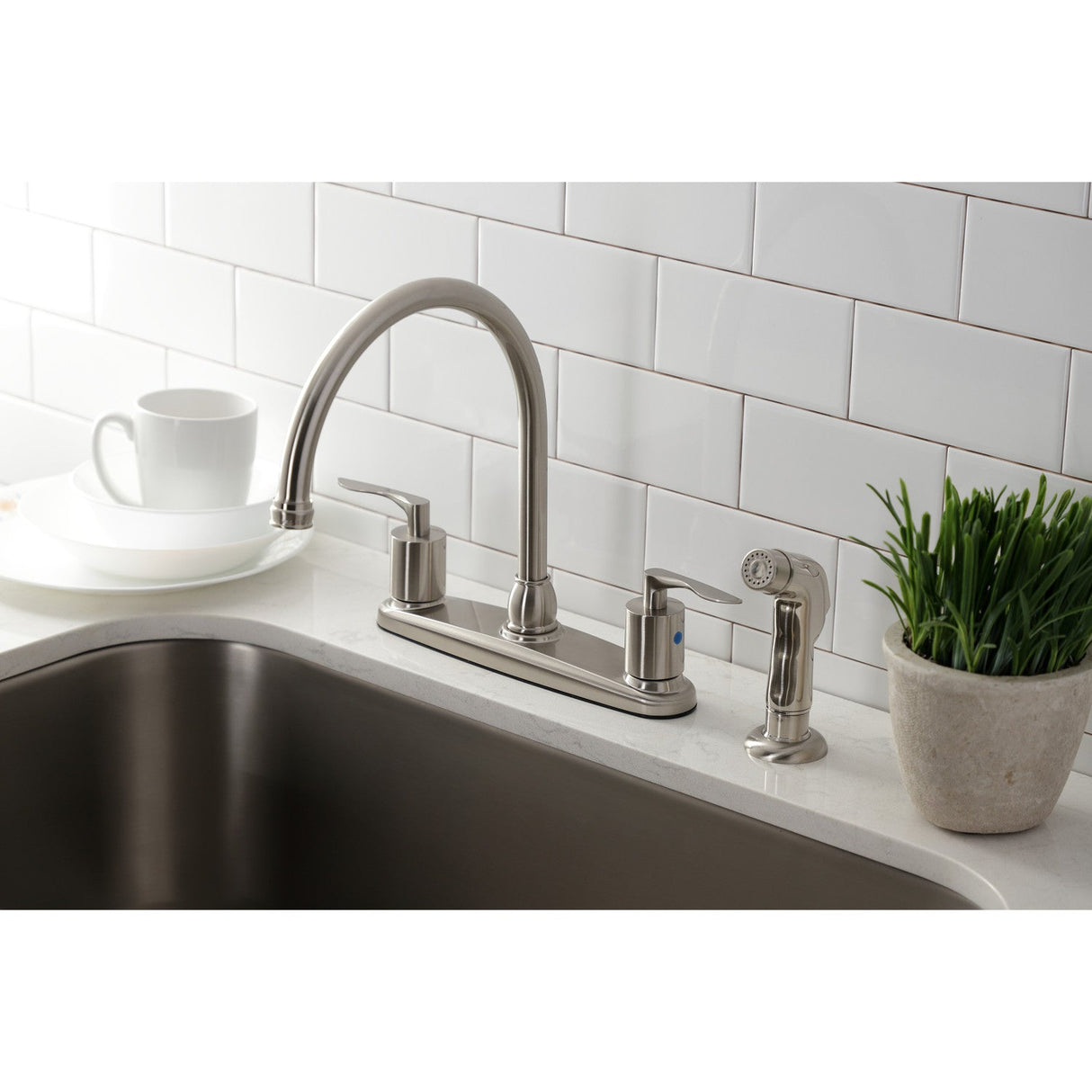 Serena FB798SVLSP Two-Handle 4-Hole Deck Mount 8" Centerset Kitchen Faucet with Side Sprayer, Brushed Nickel