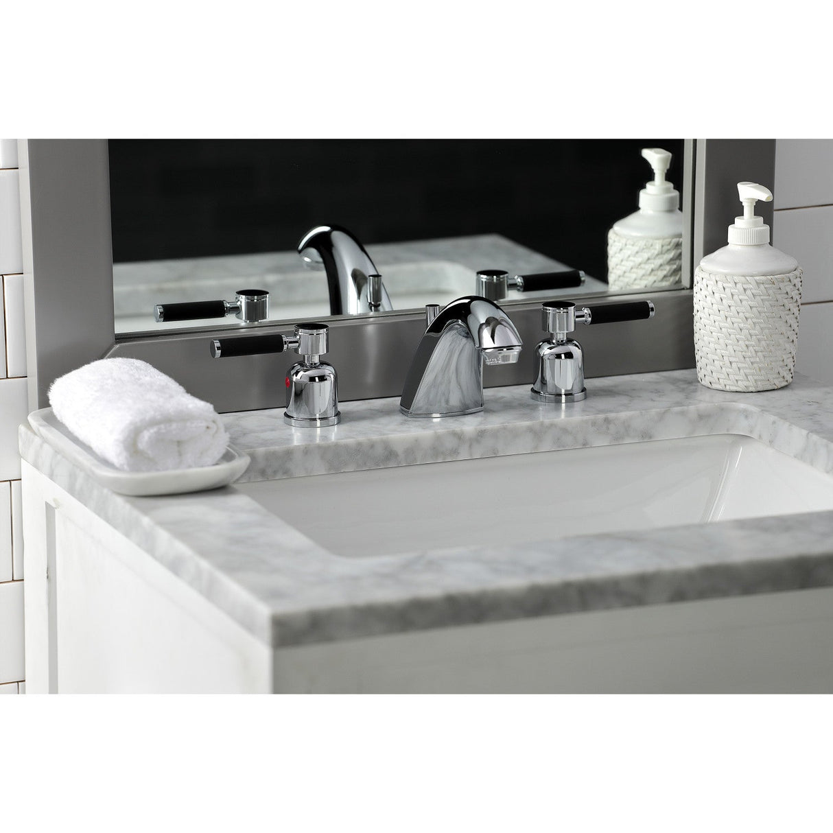 Kaiser FB8951DKL Two-Handle 3-Hole Deck Mount Widespread Bathroom Faucet with Plastic Pop-Up, Polished Chrome