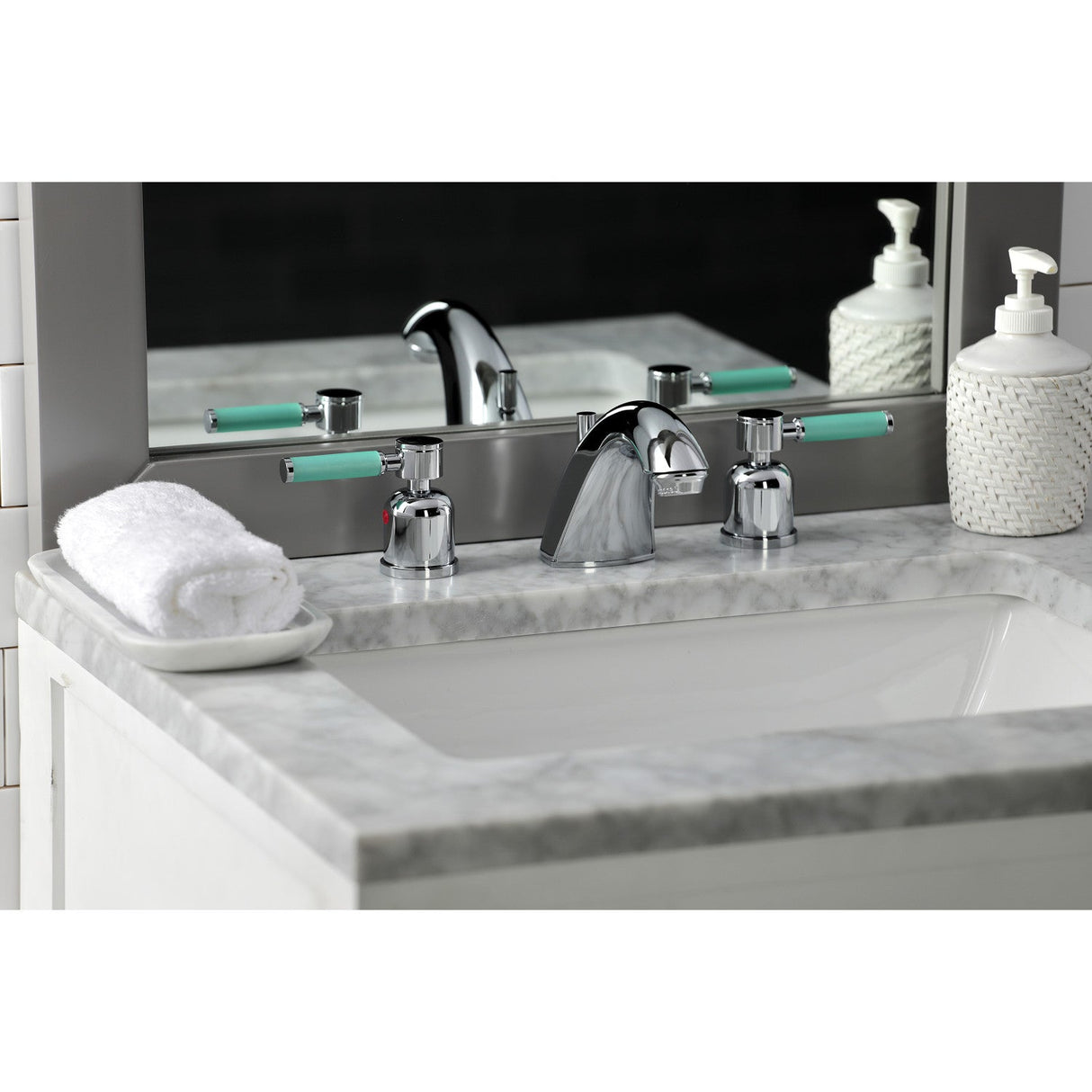 Kaiser FB8951DKL Two-Handle 3-Hole Deck Mount Widespread Bathroom Faucet with Plastic Pop-Up, Polished Chrome