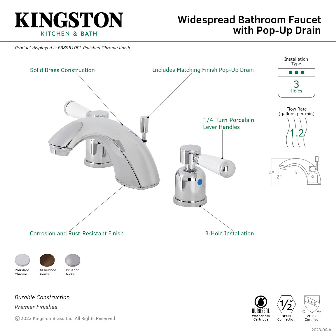 Paris FB8951DPL Two-Handle 3-Hole Deck Mount Widespread Bathroom Faucet with Plastic Pop-Up, Polished Chrome