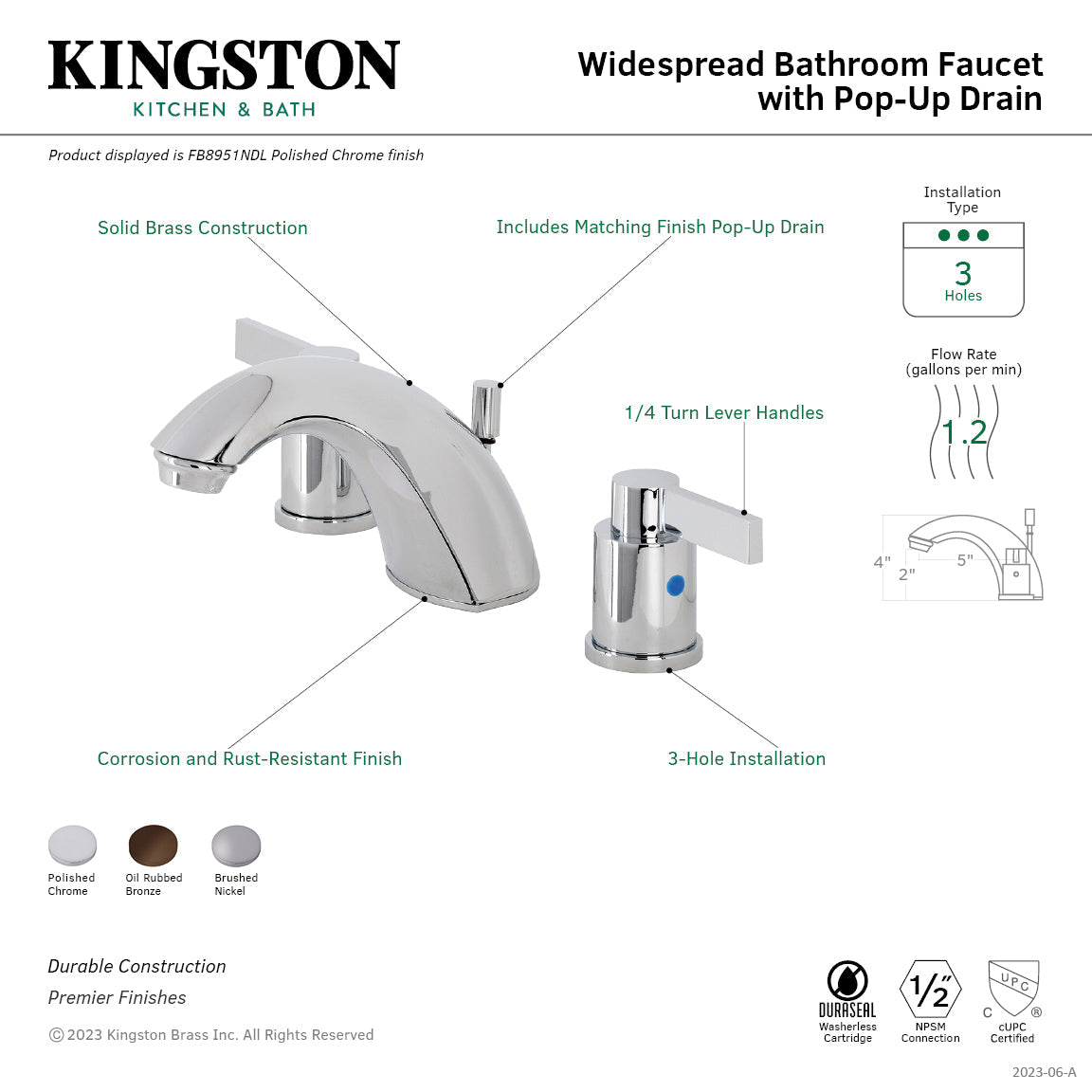 NuvoFusion FB8951NDL Two-Handle 3-Hole Deck Mount Widespread Bathroom Faucet with Plastic Pop-Up, Polished Chrome