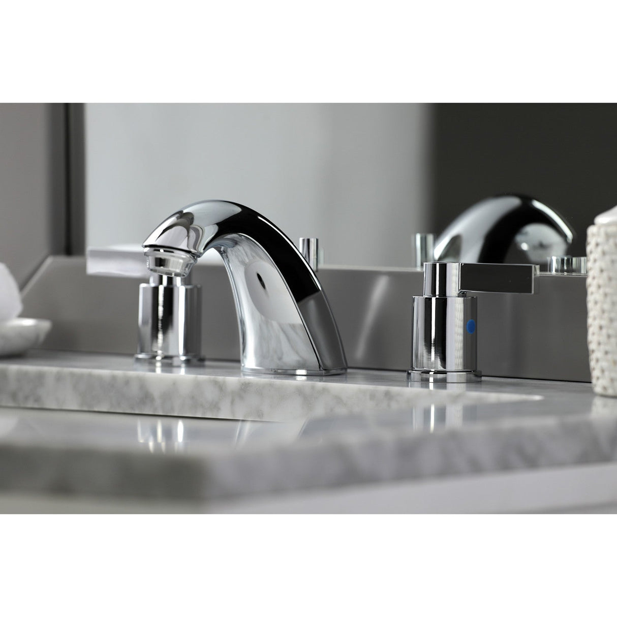 NuvoFusion FB8951NDL Two-Handle 3-Hole Deck Mount Widespread Bathroom Faucet with Plastic Pop-Up, Polished Chrome