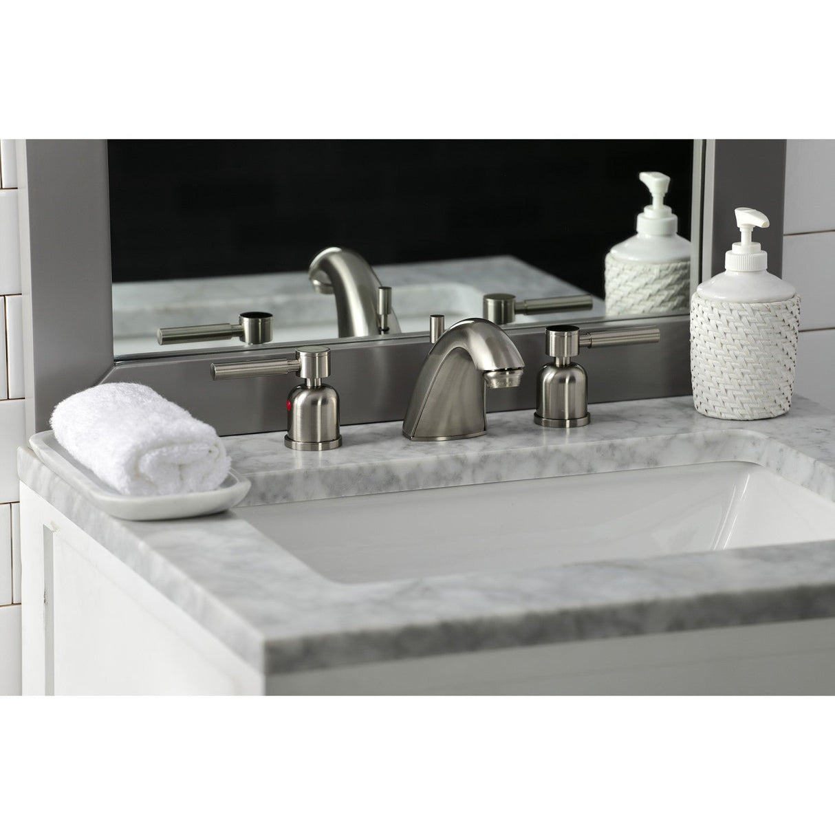 Concord FB8958DL Two-Handle 3-Hole Deck Mount Widespread Bathroom Faucet with Plastic Pop-Up, Brushed Nickel