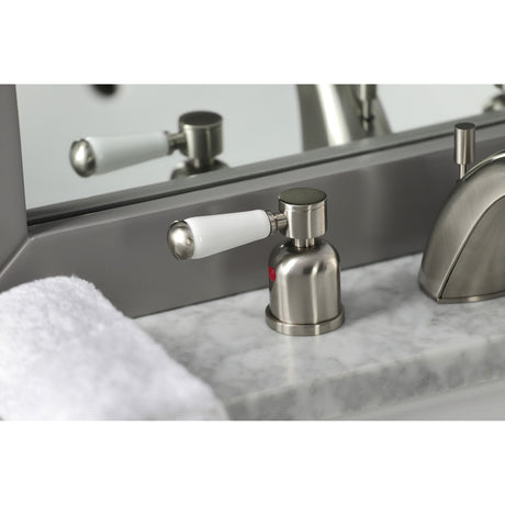Paris FB8958DPL Two-Handle 3-Hole Deck Mount Widespread Bathroom Faucet with Plastic Pop-Up, Brushed Nickel