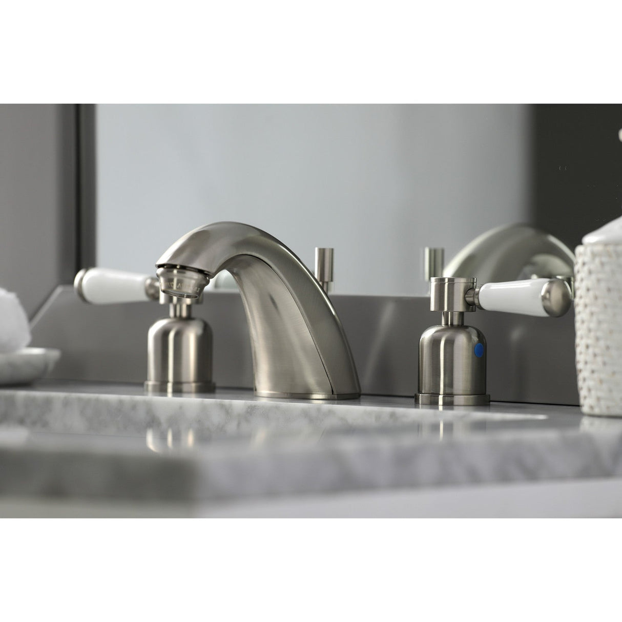Paris FB8958DPL Two-Handle 3-Hole Deck Mount Widespread Bathroom Faucet with Plastic Pop-Up, Brushed Nickel