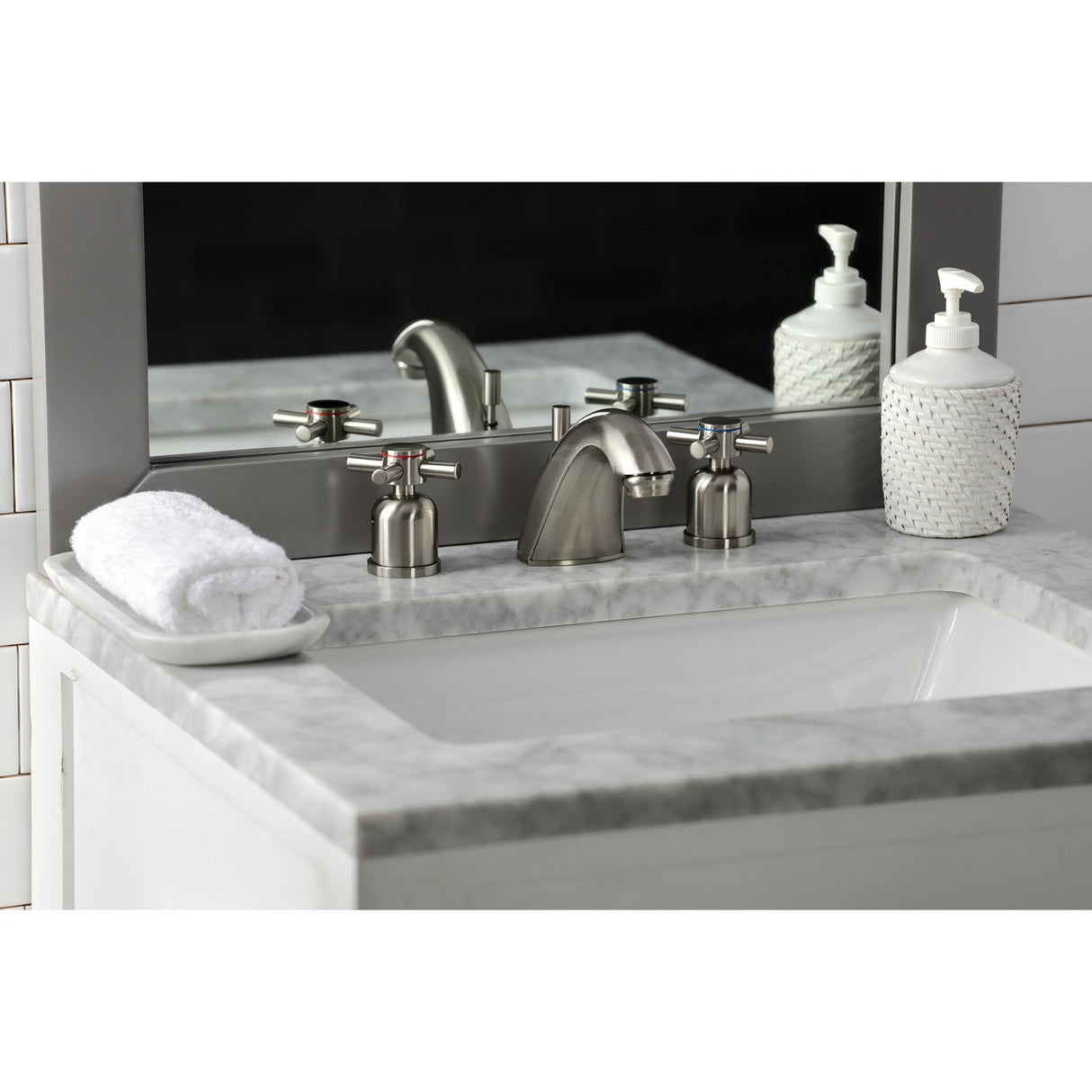 Concord FB8958DX Two-Handle 3-Hole Deck Mount Widespread Bathroom Faucet with Plastic Pop-Up, Brushed Nickel