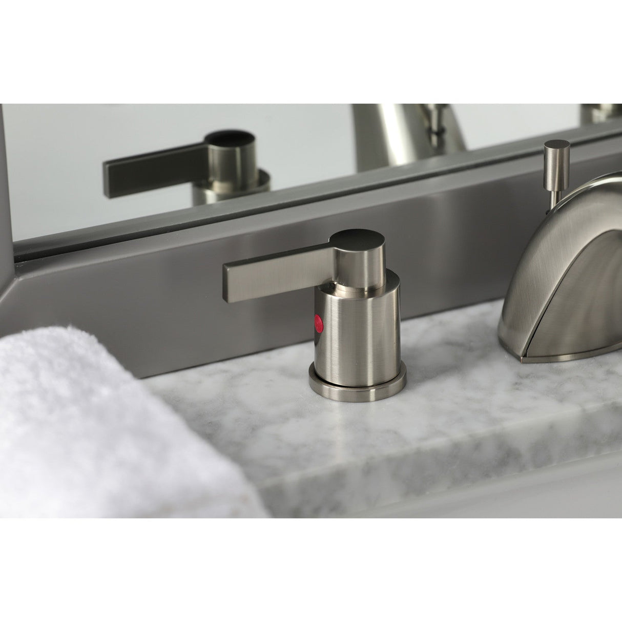 NuvoFusion FB8958NDL Two-Handle 3-Hole Deck Mount Widespread Bathroom Faucet with Plastic Pop-Up, Brushed Nickel