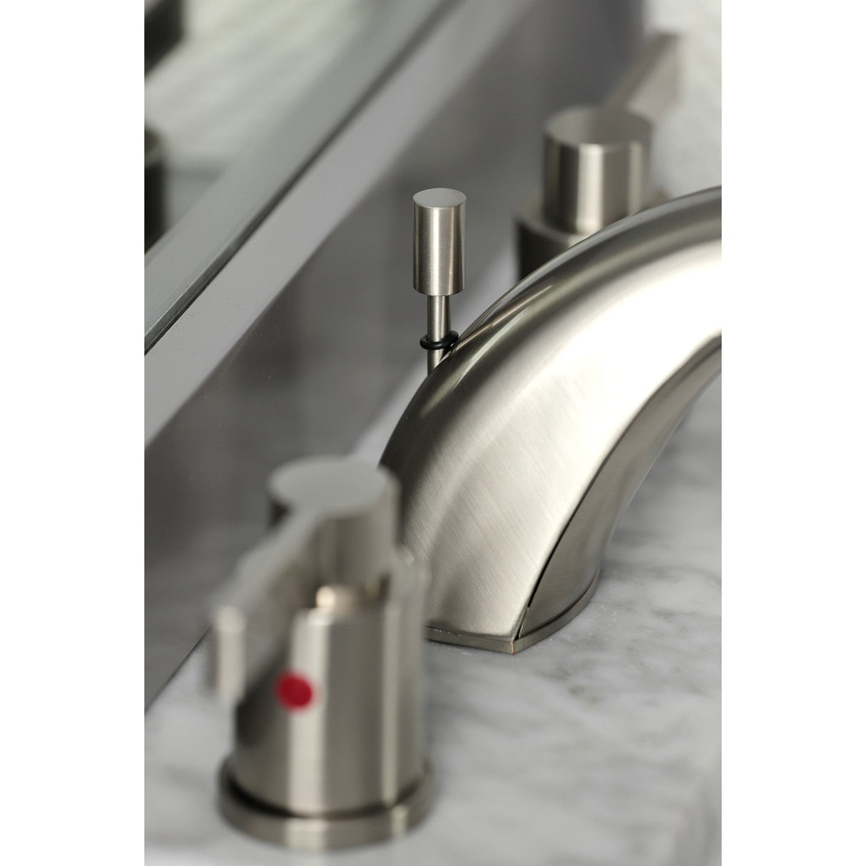 NuvoFusion FB8958NDL Two-Handle 3-Hole Deck Mount Widespread Bathroom Faucet with Plastic Pop-Up, Brushed Nickel