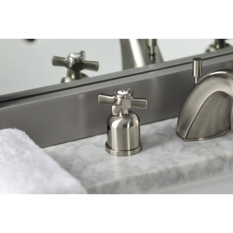 Millennium FB8958ZX Two-Handle 3-Hole Deck Mount Widespread Bathroom Faucet with Plastic Pop-Up, Brushed Nickel