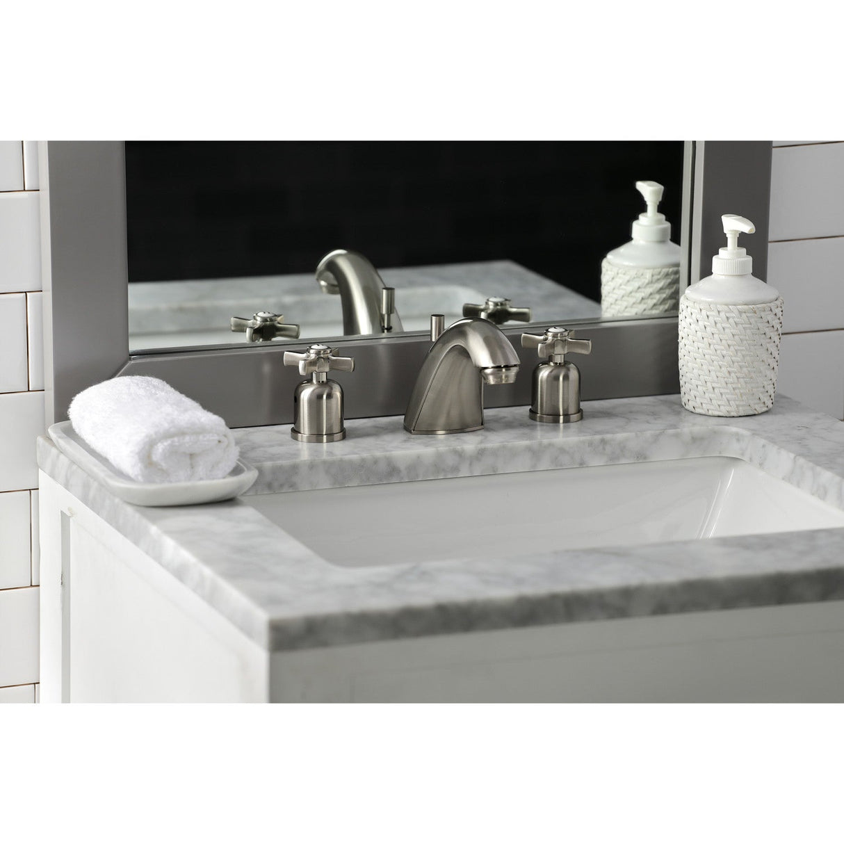 Millennium FB8958ZX Two-Handle 3-Hole Deck Mount Widespread Bathroom Faucet with Plastic Pop-Up, Brushed Nickel