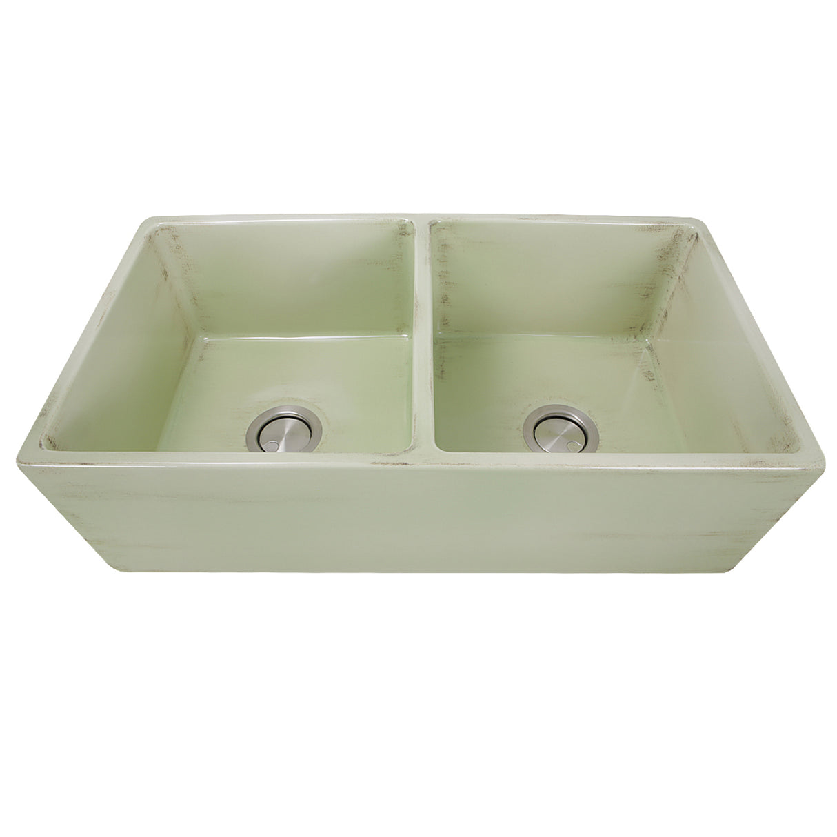 Nantucket Sinks Double Bowl Farmhouse Fireclay Sink with Shabby Green Finish