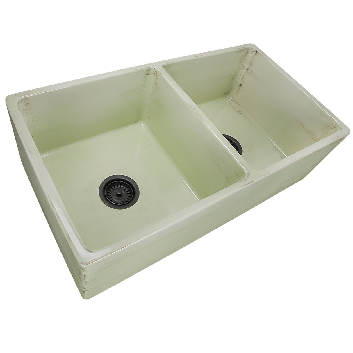 Nantucket Sinks Double Bowl Farmhouse Fireclay Sink with Shabby Green Finish