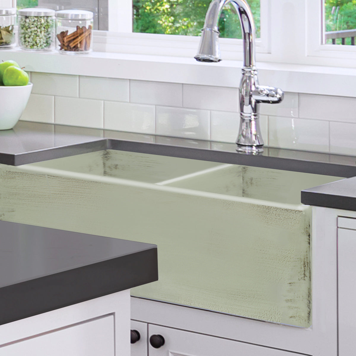 Nantucket Sinks Double Bowl Farmhouse Fireclay Sink with Shabby Green Finish