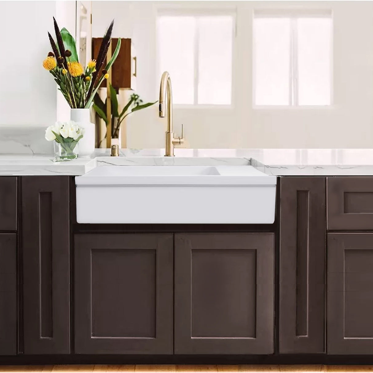 Nantucket Sinks 36 Inch Italian Farmhouse Fireclay Sink with Built-In Drainboard