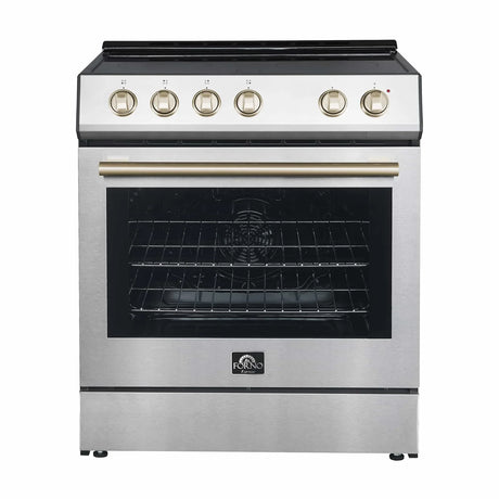 Forno Espresso 3-Piece Appliance Package - 30-Inch Electric Range with 5.0 Cu.Ft. Electric Oven, Refrigerator, and Under Cabinet Range Hood in Stainless Steel with Brass Handle