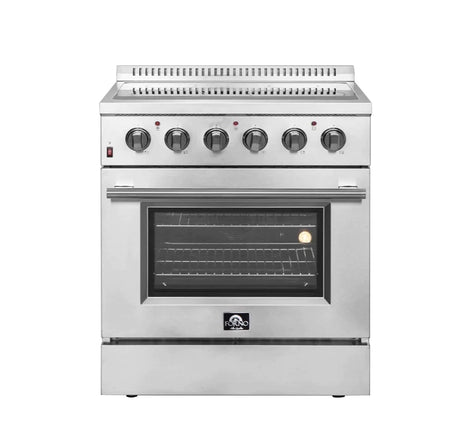 Forno 4-Piece Appliance Package - 30-Inch Electric Range, Wall Mount Range Hood, Pro-Style Refrigerator, and Dishwasher in Stainless Steel