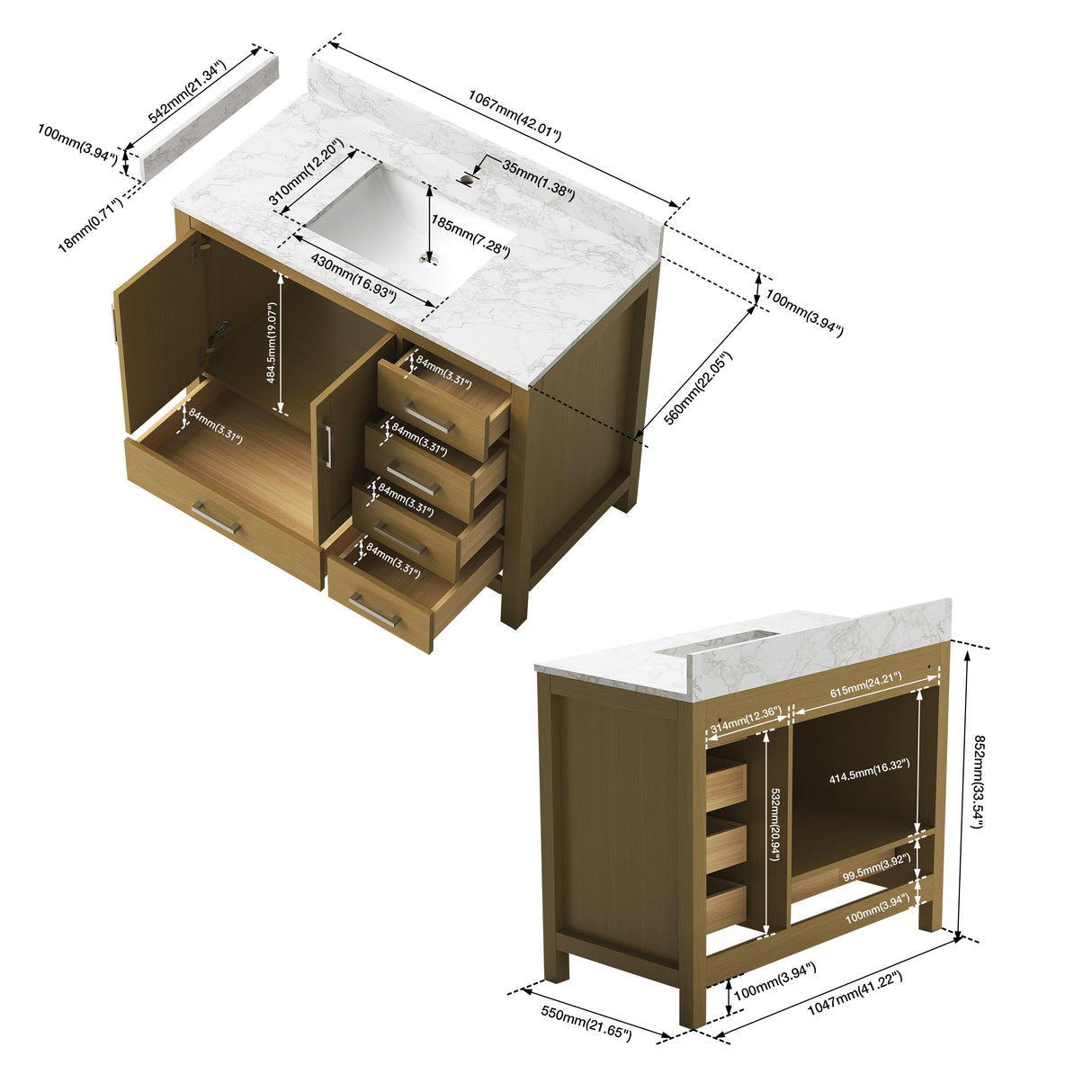 New England Home Goods Newport 42" Single Sink Vanity in White - Engineered Wood; Stone Top