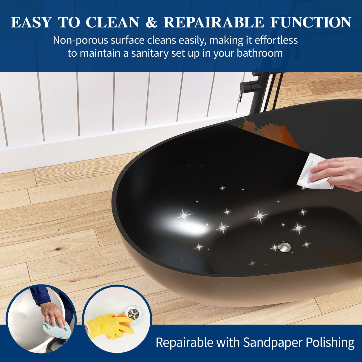 New England Home Goods Kilimanjaro 59" Freestanding Tub in Black - Stone Resin Solid Surface