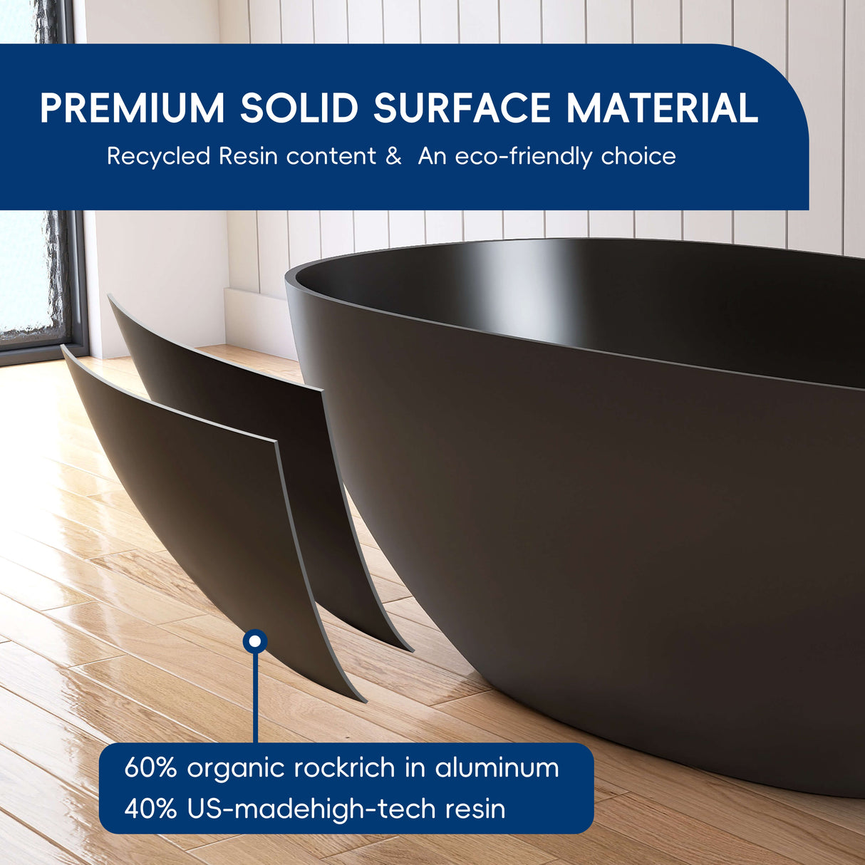 New England Home Goods Denali 67" Freestanding Tub in Black - Stone Resin Solid Surface