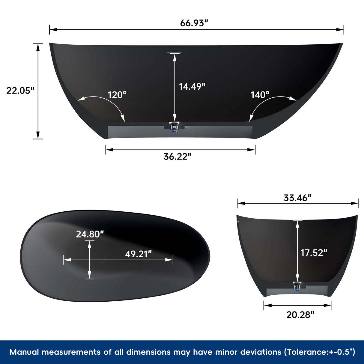 New England Home Goods Denali 67" Freestanding Tub in Black - Stone Resin Solid Surface