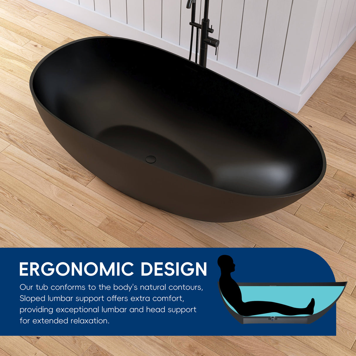 New England Home Goods Denali 67" Freestanding Tub in Black - Stone Resin Solid Surface