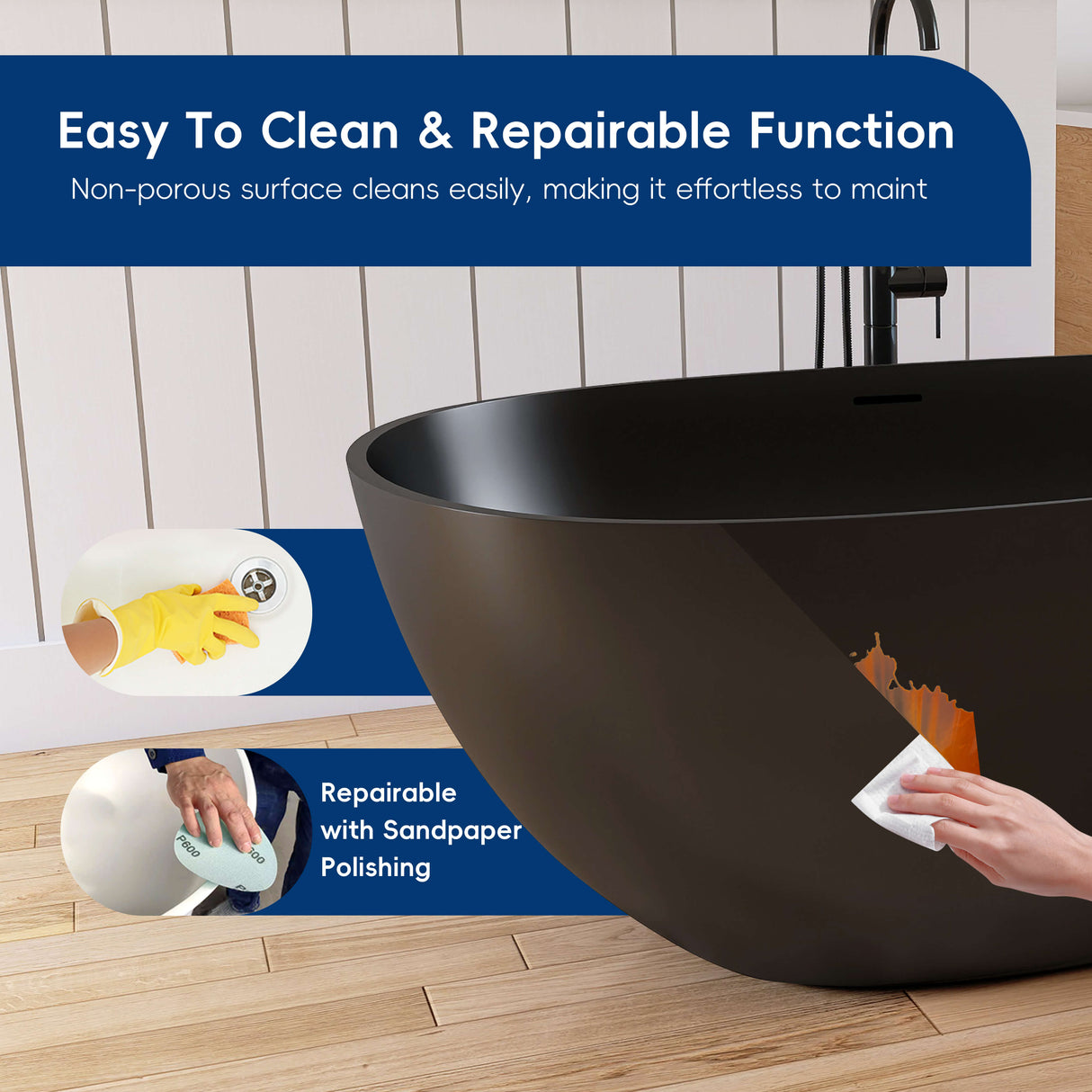 New England Home Goods Denali 67" Freestanding Tub in Black - Stone Resin Solid Surface