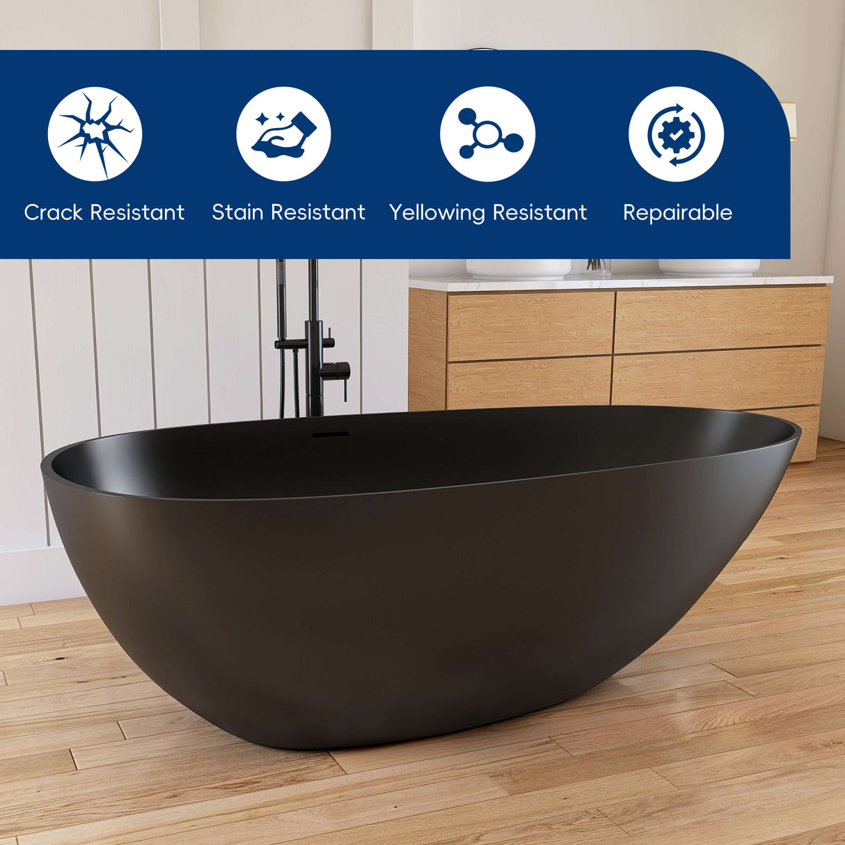 New England Home Goods Denali 67" Freestanding Tub in Black - Stone Resin Solid Surface