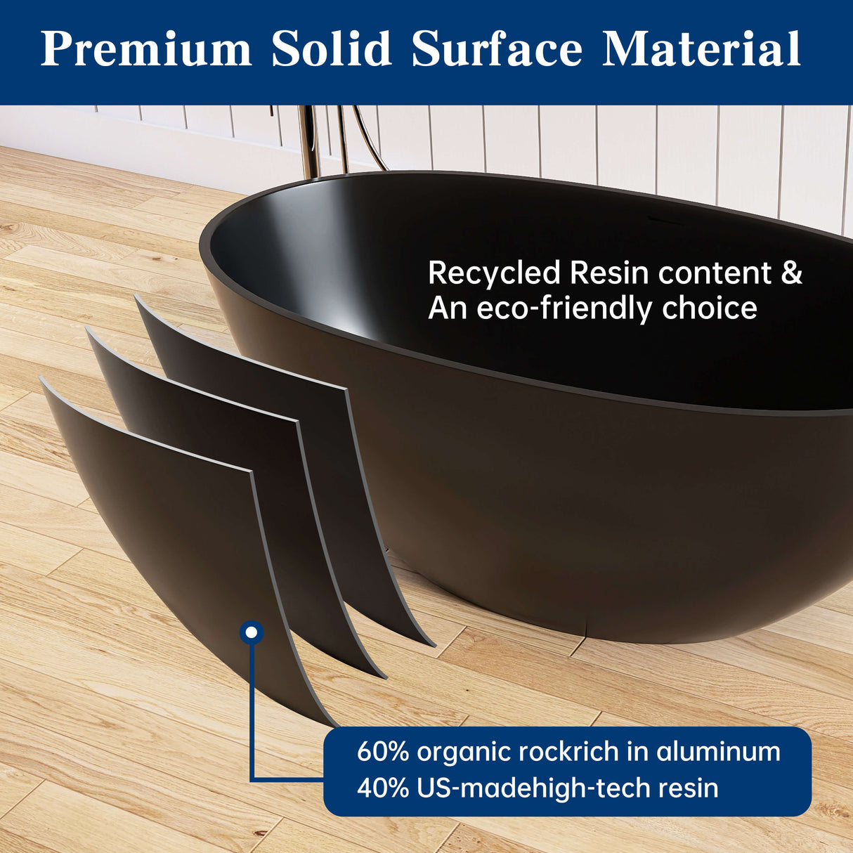 New England Home Goods Mont 55" Freestanding Tub in Black - Stone Resin Solid Surface