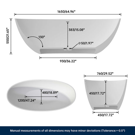 New England Home Goods 65" White Oval Luxury Freestanding Solid Surface Resin Stone Soaking Tub