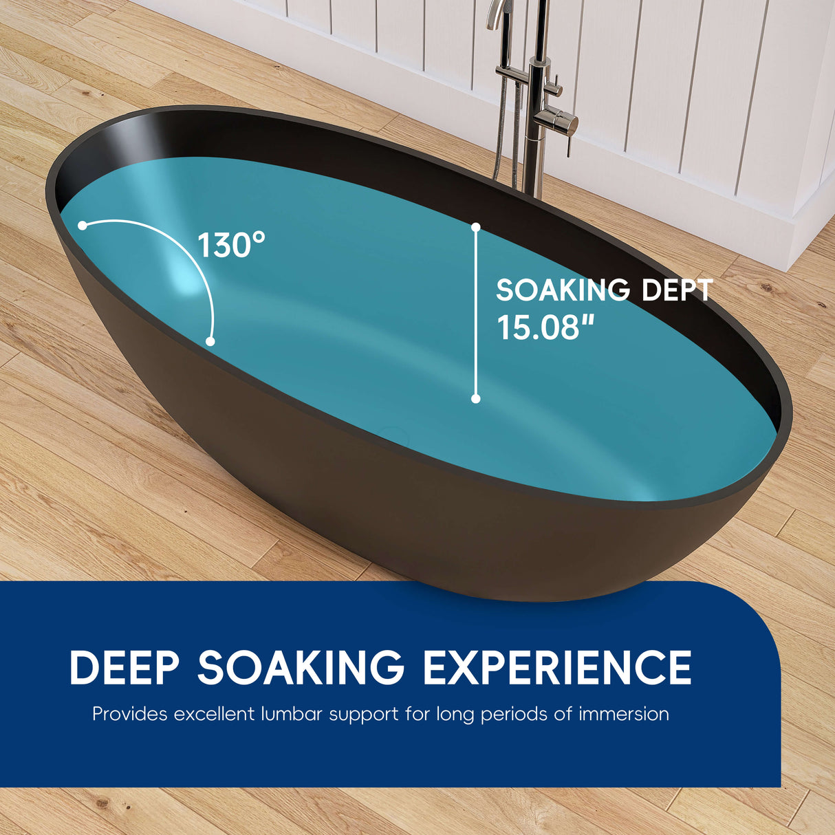 New England Home Goods Elbrus 65" Freestanding Tub in Black - Stone Resin Solid Surface