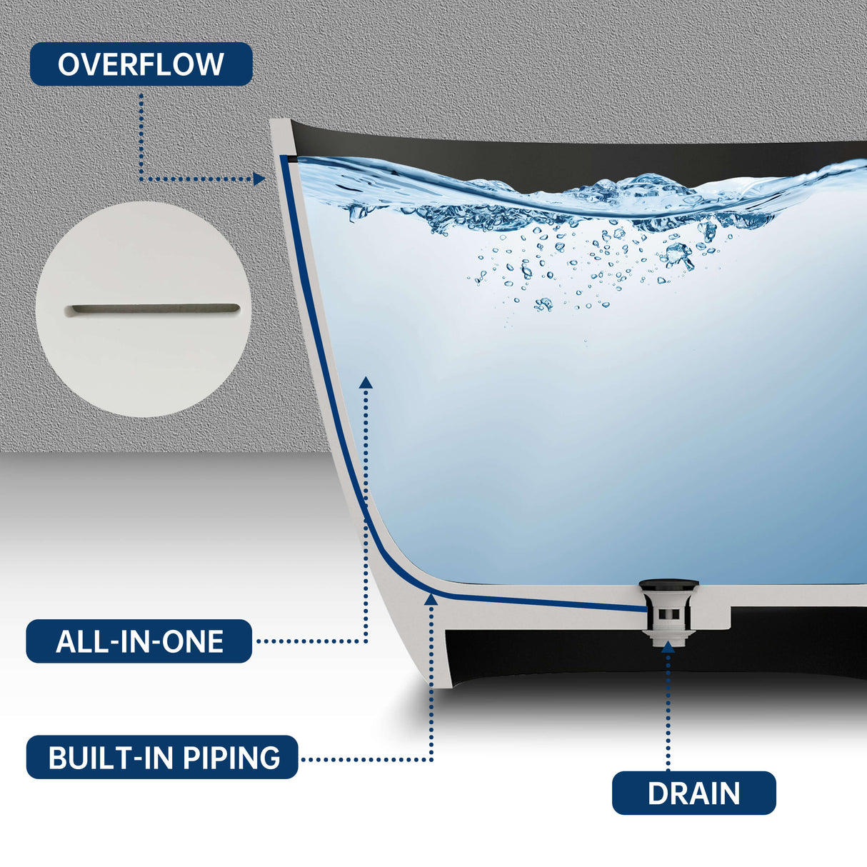 New England Home Goods Elbrus 65" Freestanding Tub in Black - Stone Resin Solid Surface