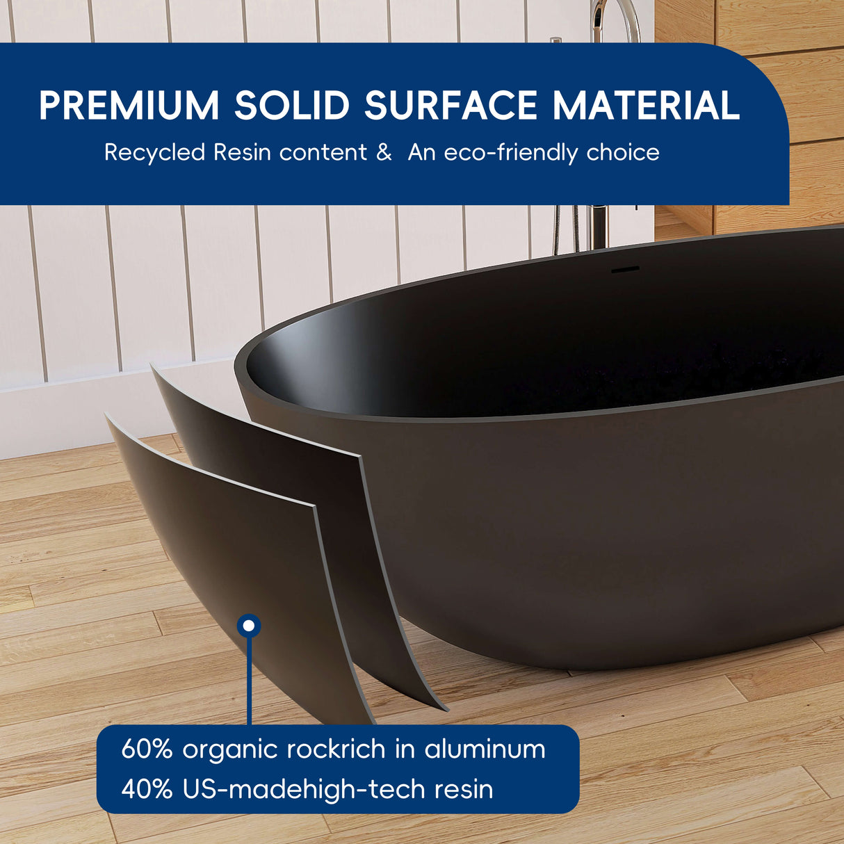 New England Home Goods Elbrus 65" Freestanding Tub in Black - Stone Resin Solid Surface