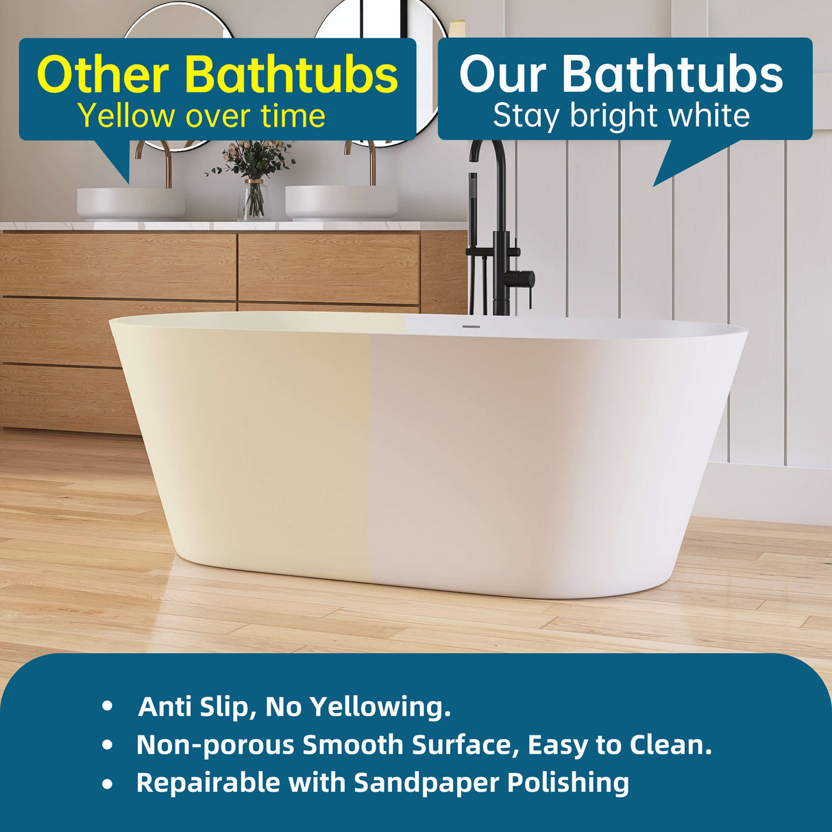 New England Home Goods Aconcagua 63" Freestanding Tub in White - Stone Resin Solid Surface