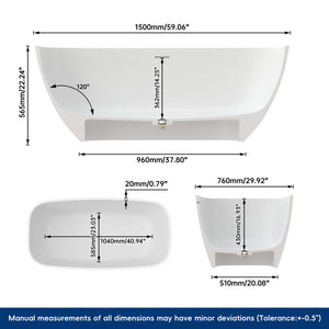 New England Home Goods Kangchenjunga 59" Freestanding Tub in White - Stone Resin Solid Surface