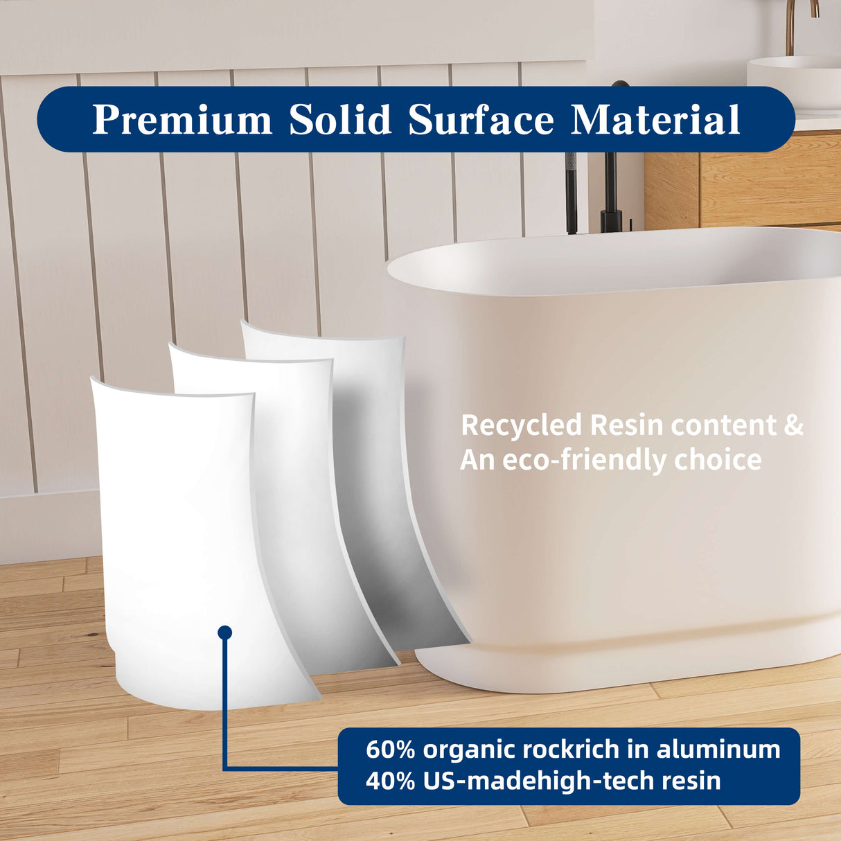 New England Home Goods Makalu 39" Freestanding Tub in White - Stone Resin Solid Surface