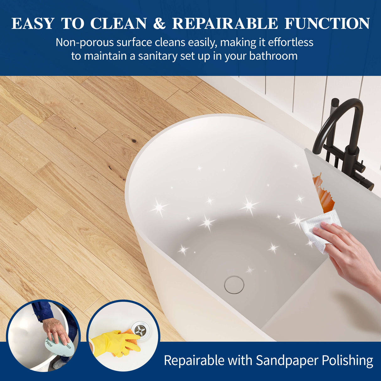 New England Home Goods Makalu 39" Freestanding Tub in White - Stone Resin Solid Surface