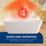 White bathtub with steam rising, surrounded by warm glow and text about good heat retention.