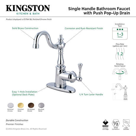 English Vintage FS7642BL Single-Handle 1-Hole Deck Mount Bathroom Faucet with Push Pop-Up, Polished Brass