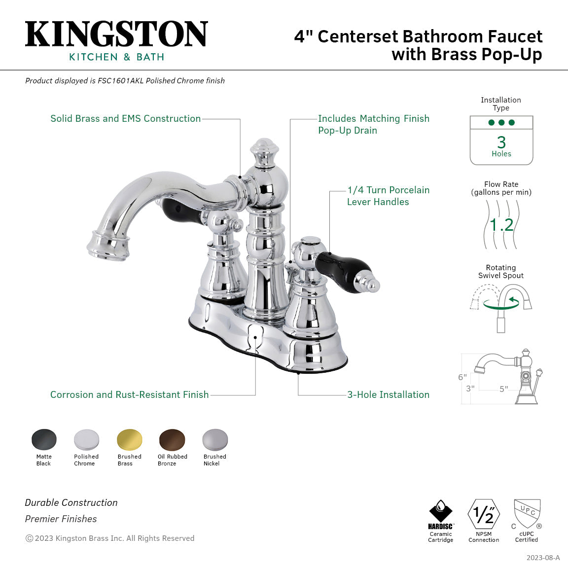 Duchess FSC1600AKL Two-Handle 3-Hole Deck Mount 4" Centerset Bathroom Faucet with Pop-Up Drain, Matte Black