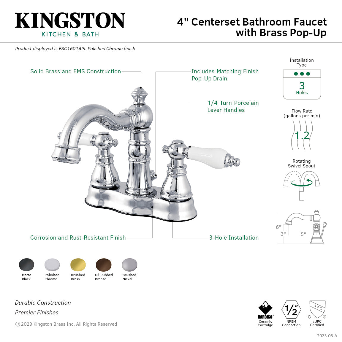 American Patriot FSC1600APL Two-Handle 3-Hole Deck Mount 4" Centerset Bathroom Faucet with Pop-Up Drain, Matte Black