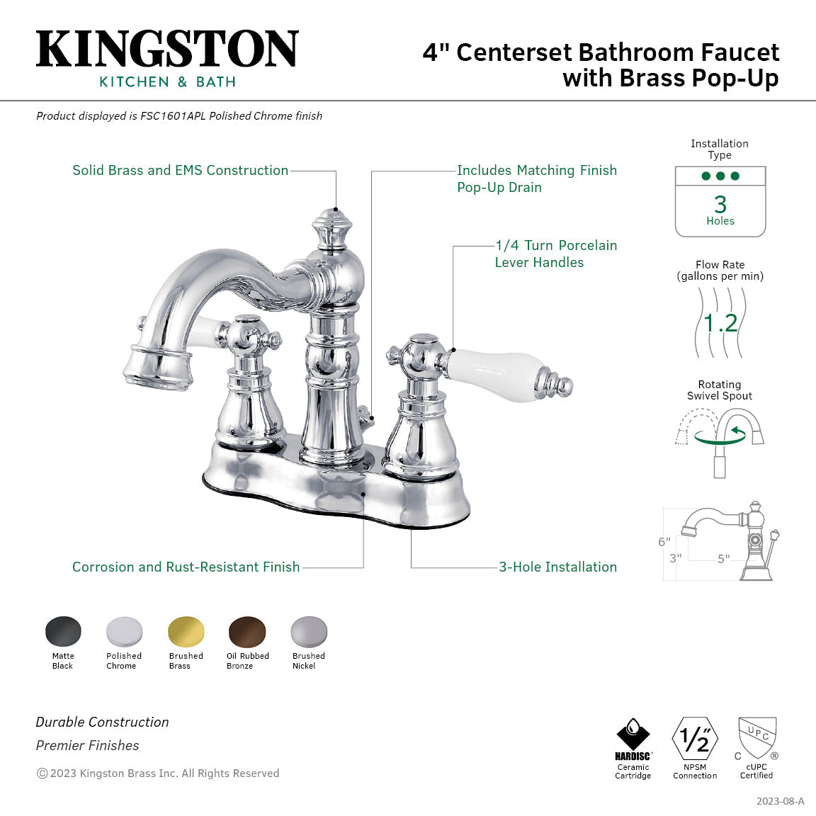 American Patriot FSC1603APL Two-Handle 3-Hole Deck Mount 4" Centerset Bathroom Faucet with Pop-Up Drain, Brushed Brass