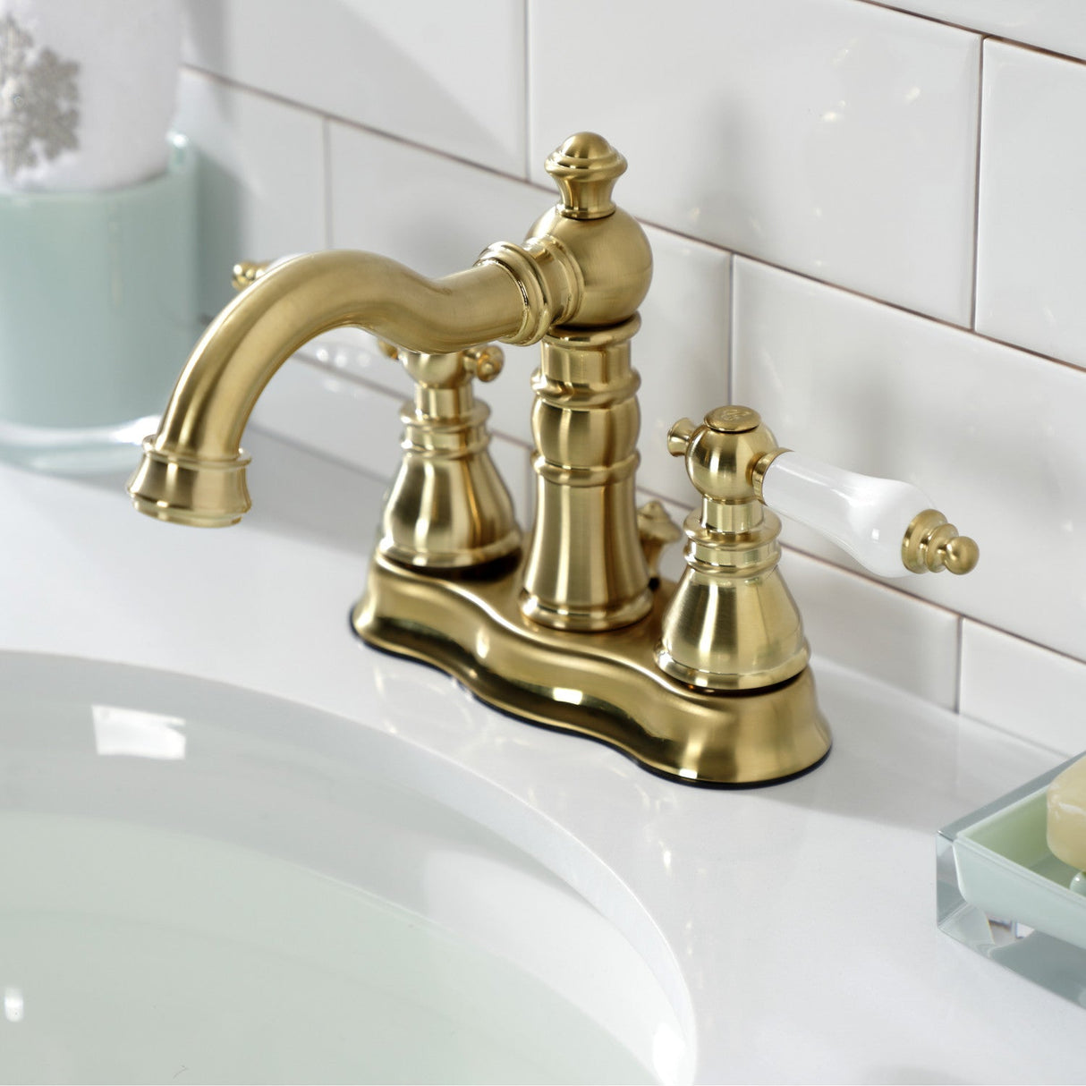 American Patriot FSC1603APL Two-Handle 3-Hole Deck Mount 4" Centerset Bathroom Faucet with Pop-Up Drain, Brushed Brass