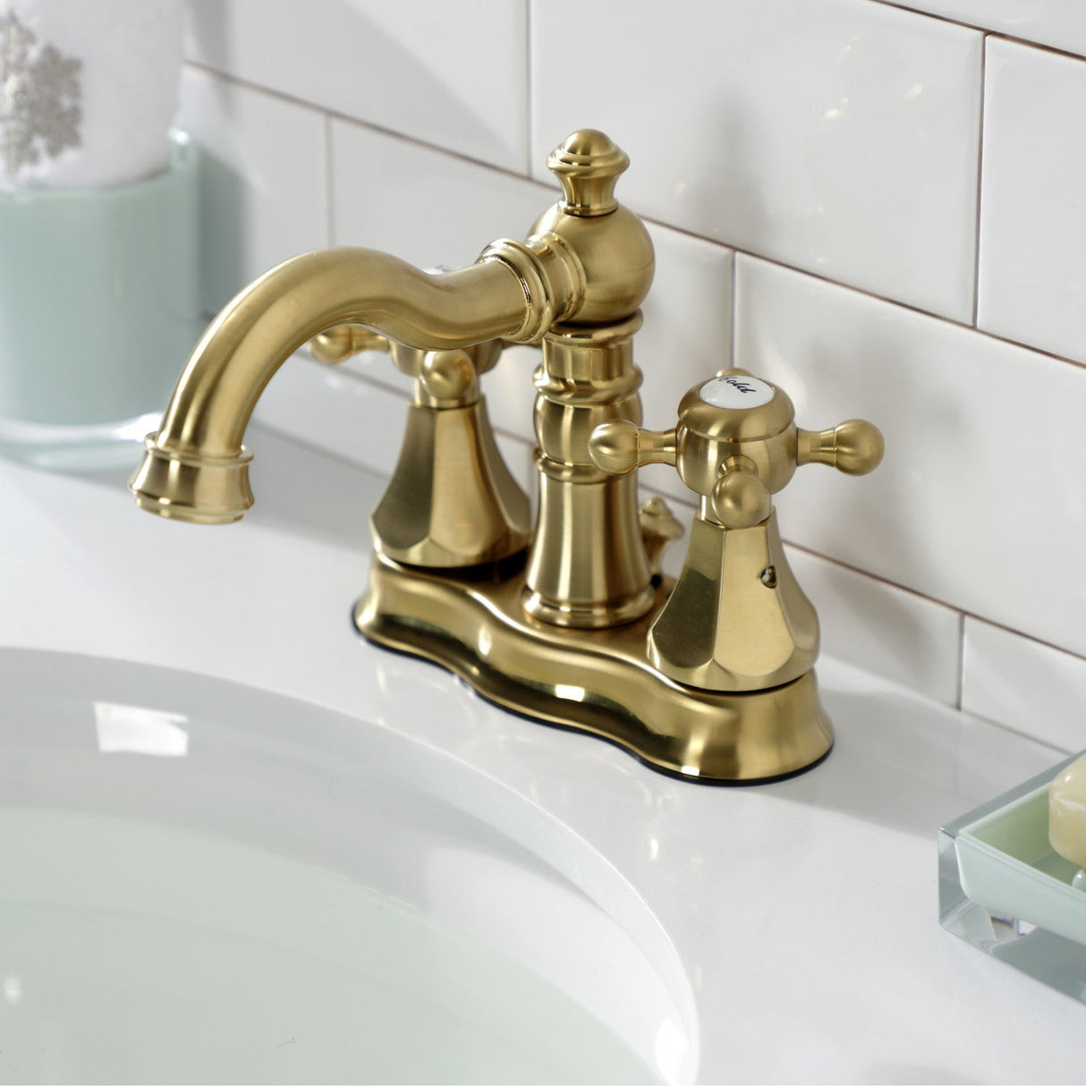 Metropolitan FSC1603BX Two-Handle 3-Hole Deck Mount 4" Centerset Bathroom Faucet with Pop-Up Drain, Brushed Brass