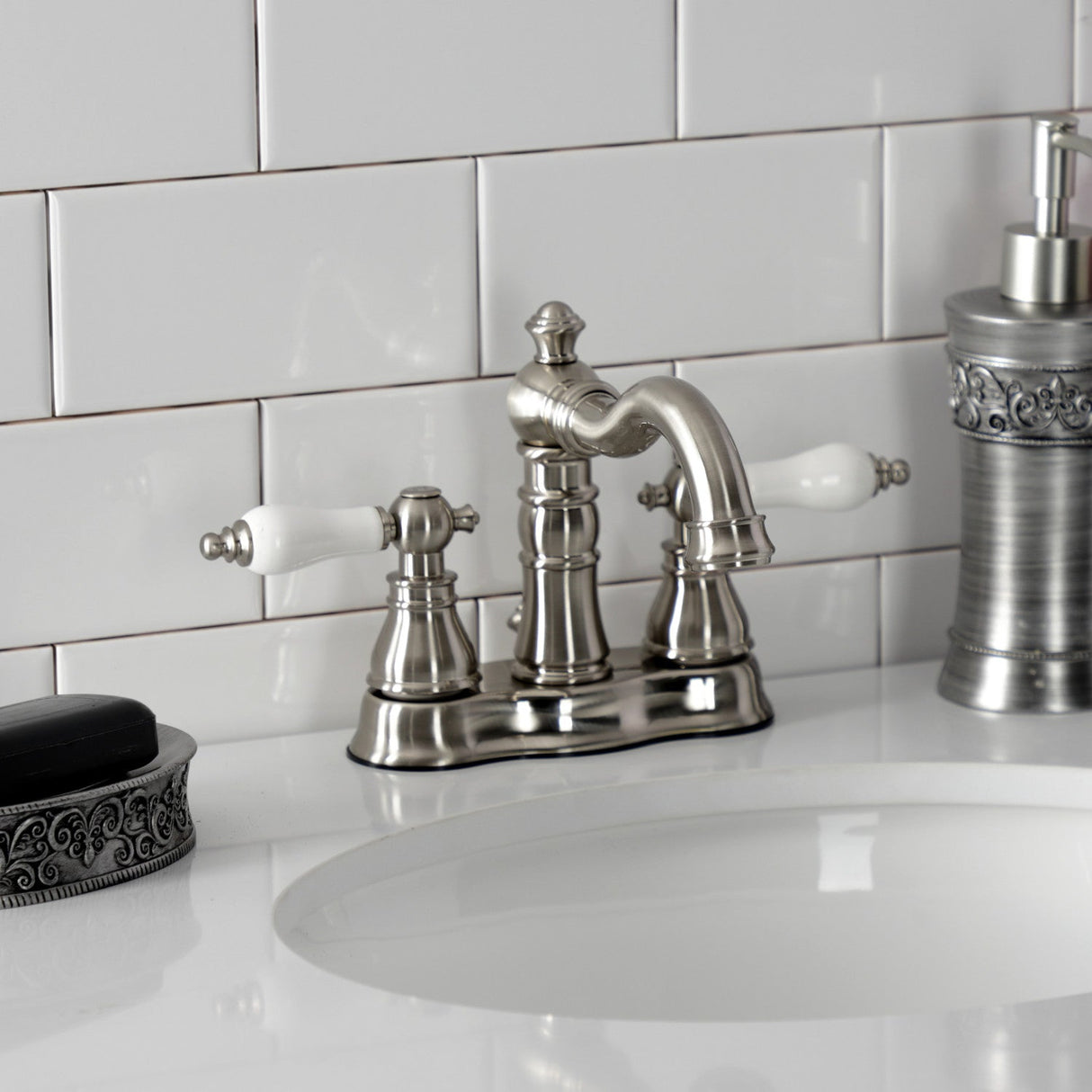 American Patriot FSC1608APL Two-Handle 3-Hole Deck Mount 4" Centerset Bathroom Faucet with Pop-Up Drain, Brushed Nickel