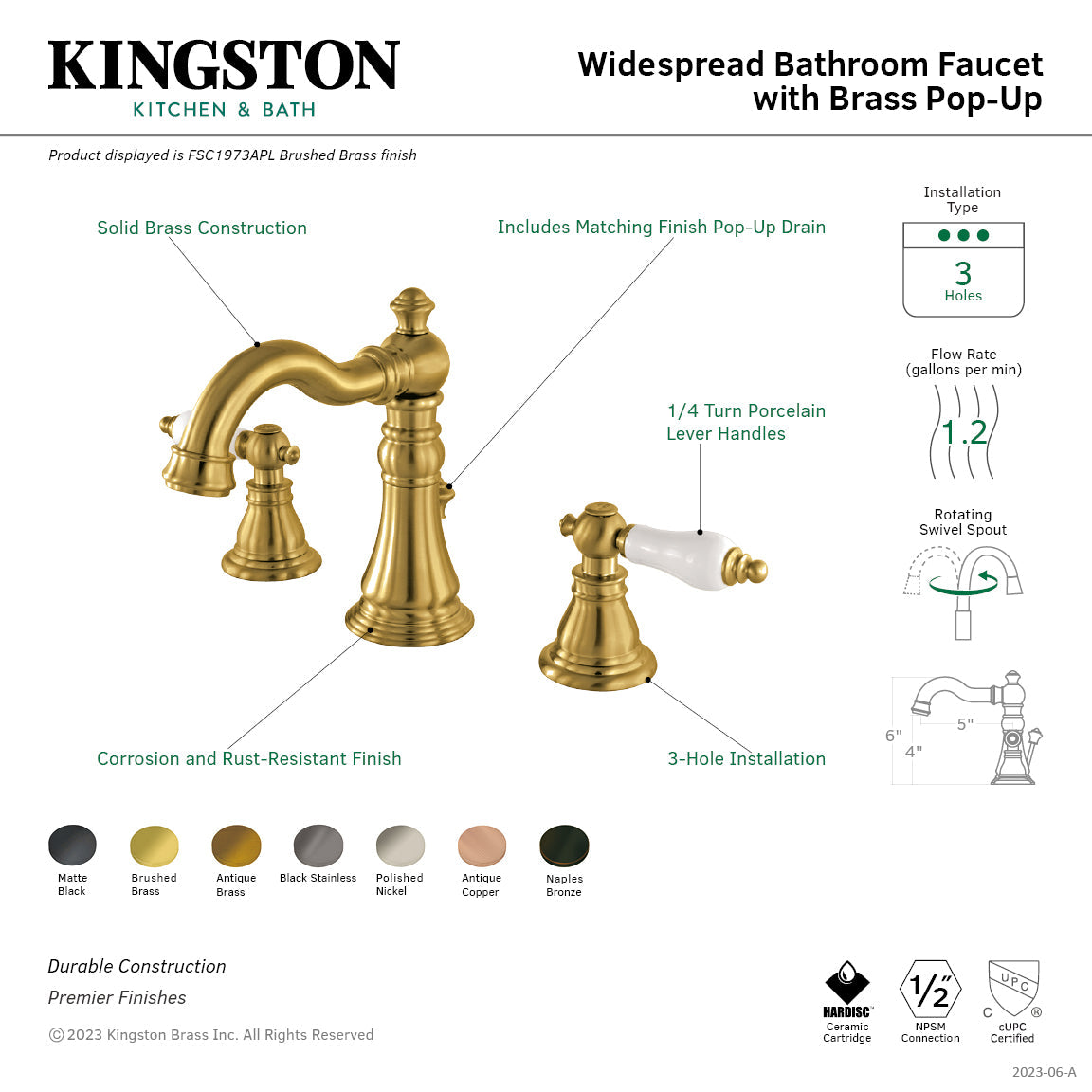 American Patriot FSC1970APL Two-Handle 3-Hole Deck Mount Widespread Bathroom Faucet with Brass Pop-Up, Matte Black